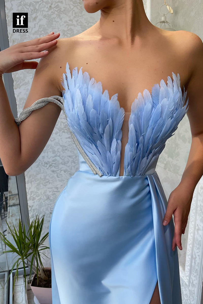 32802 - Plunging V-Neck Feathers High Split Long Formal Evening Dress