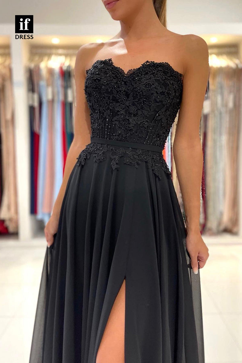 32822 - A-line Sweetheart Strapless Lace Appliques  Prom Dress with Slit