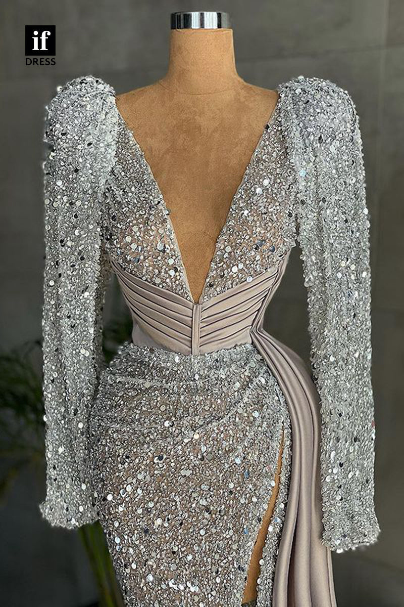 32828 - Plunging V-Neck Long Sleeves Sparkly Prom Dress with Slit