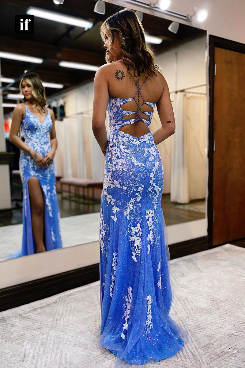 32862 - Plunging V-Neck Sequins Appliques Mermaid Prom Dress with Slit