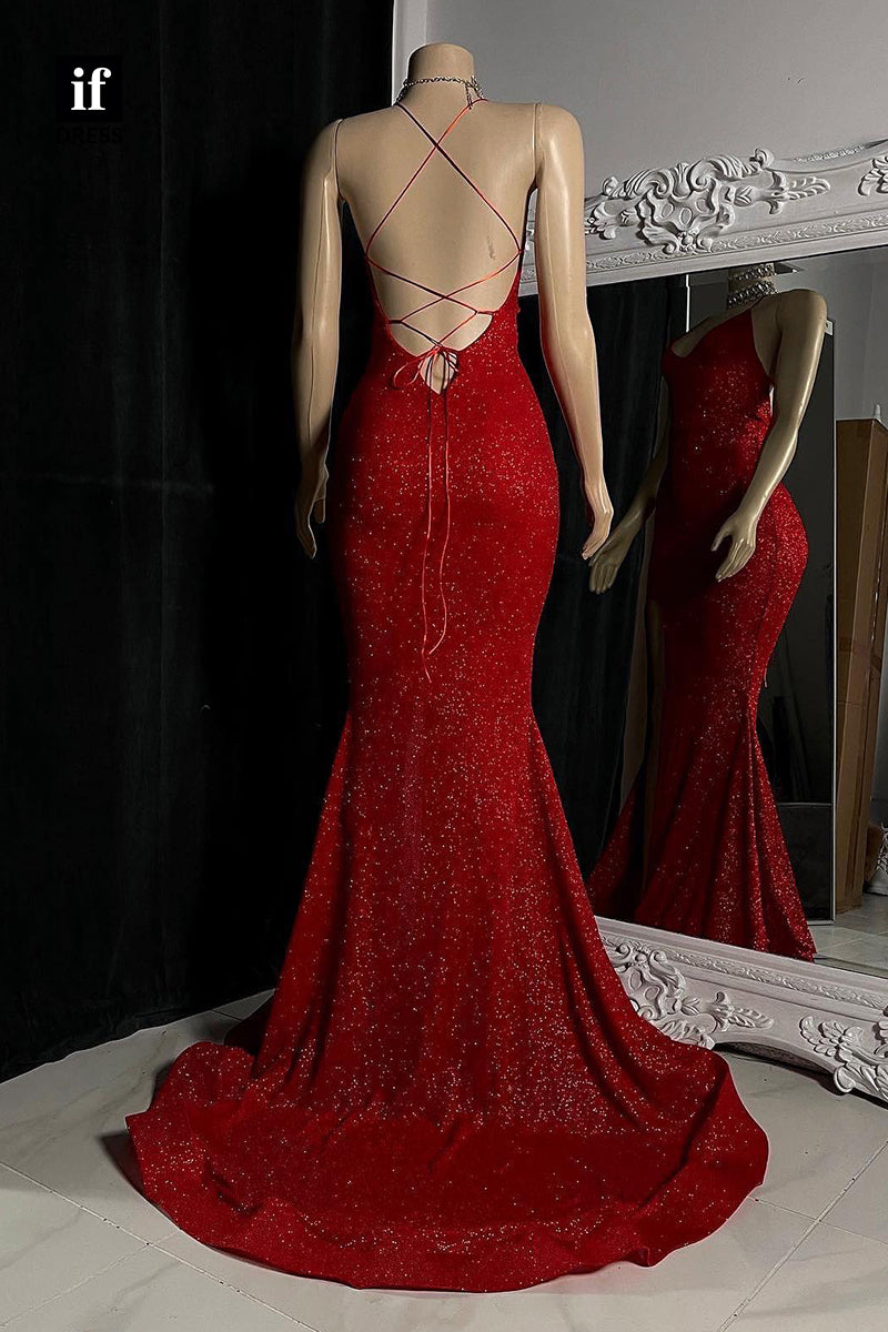 33828 - Sexy V-Neck Side Slit Sparkly Prom Dress Black Girls Slay