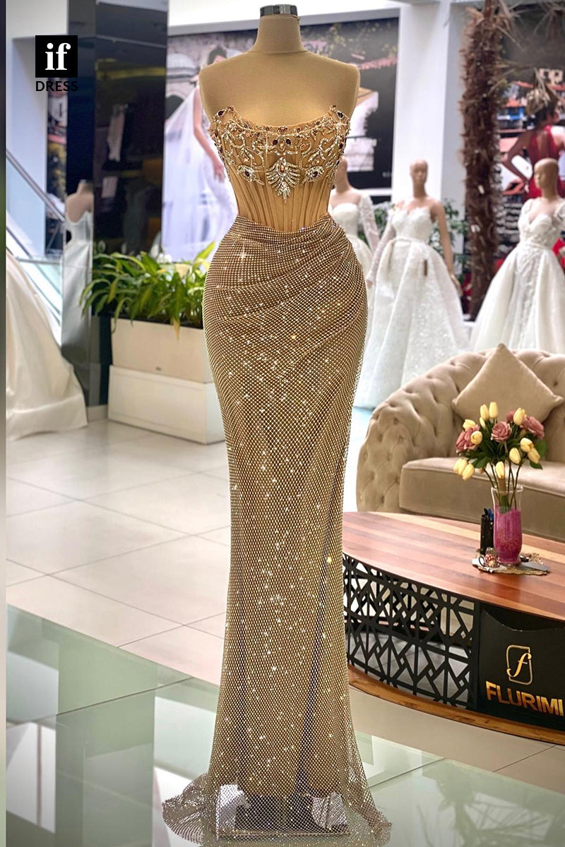 33842 - Strapless Sleeveless Sparkly Beaded Sheath Prom Formal Dress