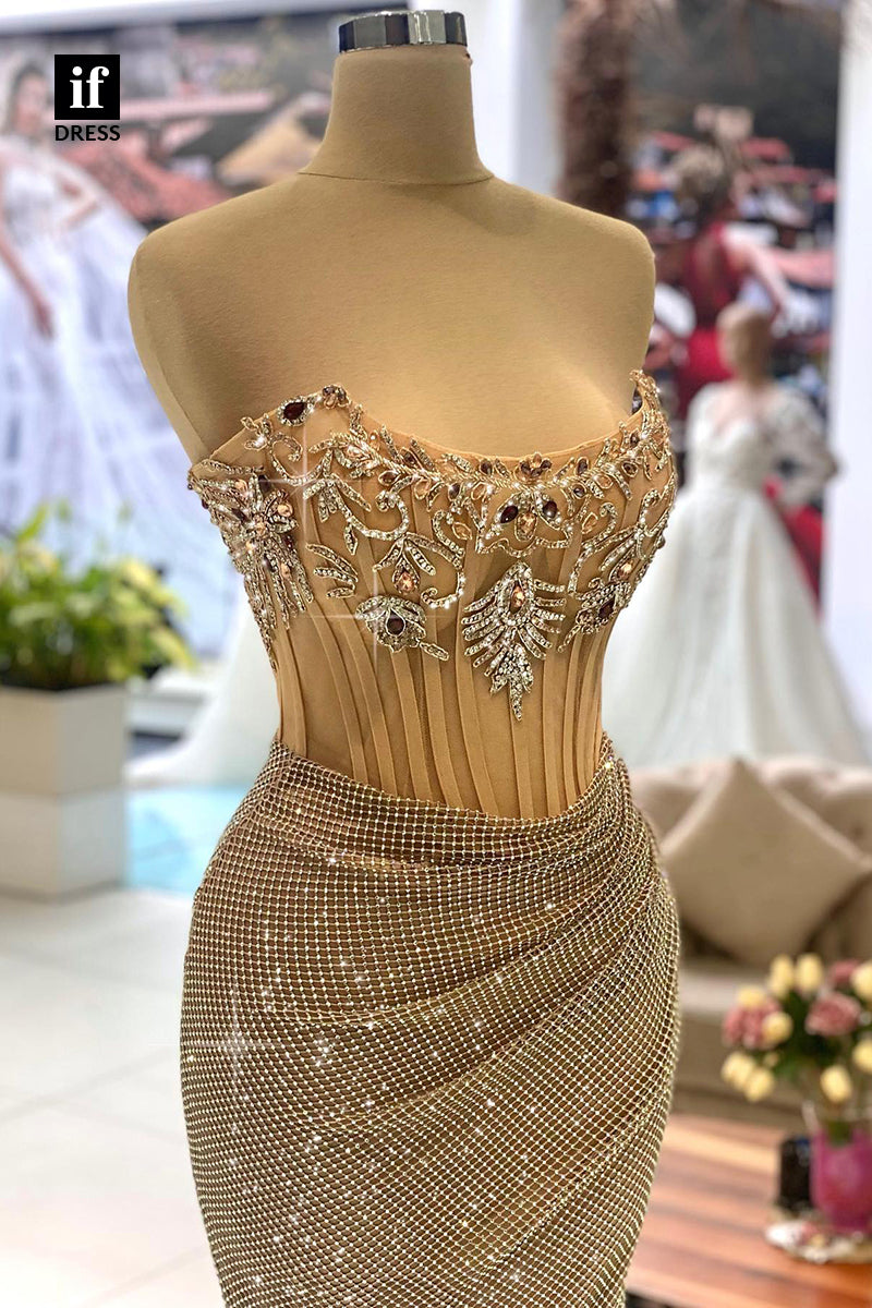 33842 - Strapless Sleeveless Sparkly Beaded Sheath Prom Formal Dress