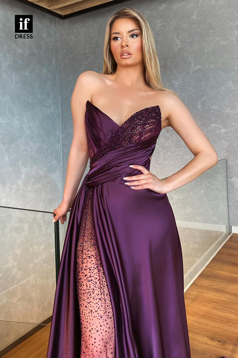 31863 - Sexy Strapless V-Neck High Split Beaded Long Prom Evening Dress Glitter