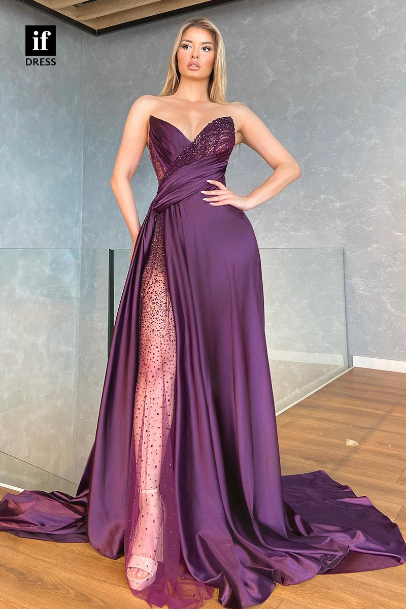 31863 - Sexy Strapless V-Neck High Split Beaded Long Prom Evening Dress Glitter