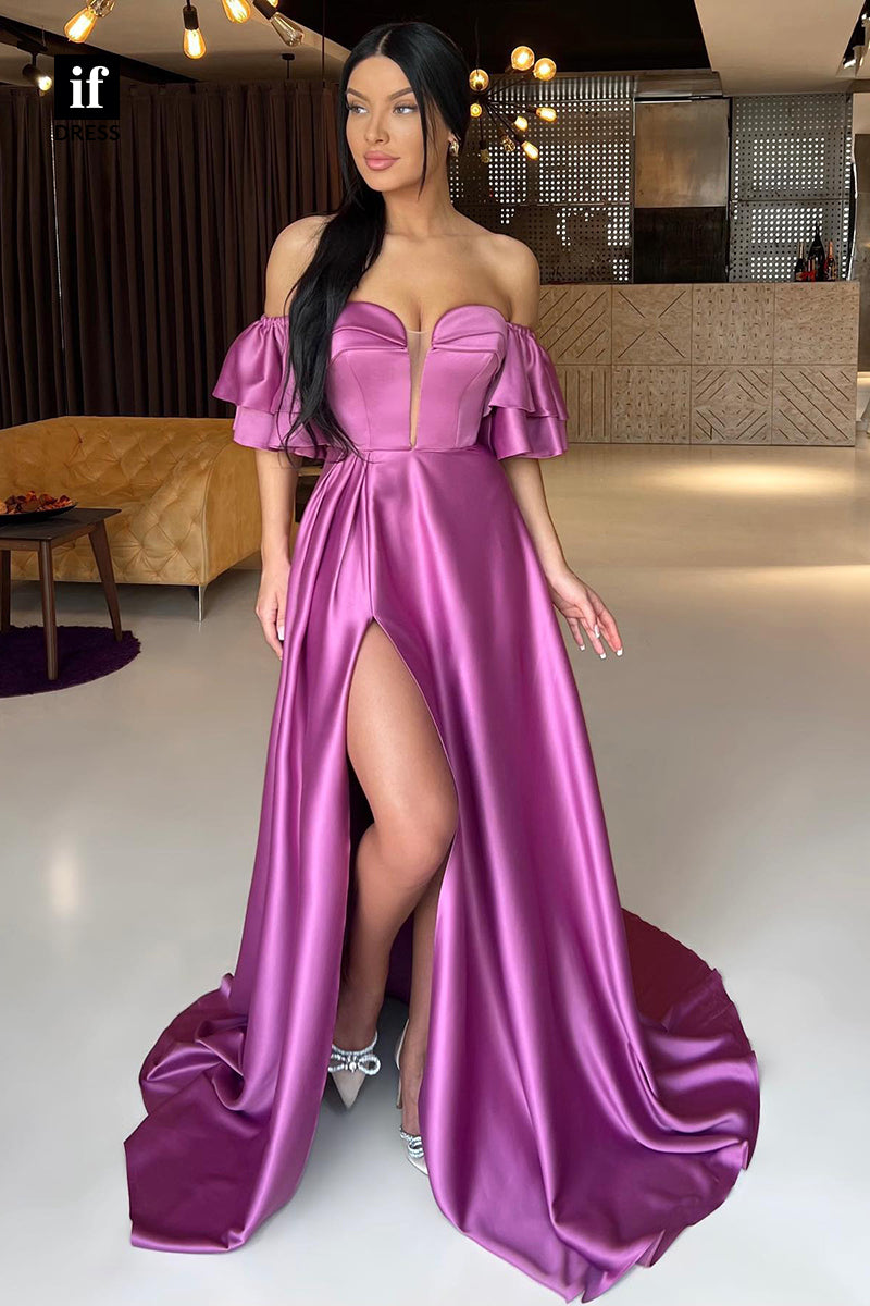 31892 - A-line Plunging V-Neck Short Sleeves Side Slit Long Prom Dress