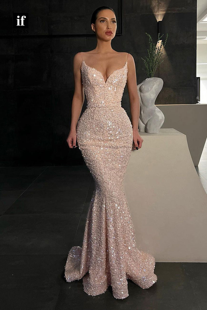 30878 - Spaghetti Straps V-Neck Sequined Mermaid Prom Party Formal Dress