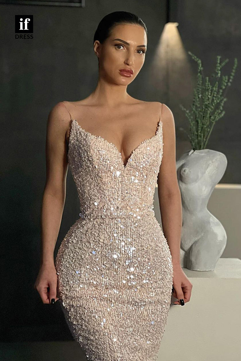 30878 - Spaghetti Straps V-Neck Sequined Mermaid Prom Party Formal Dress