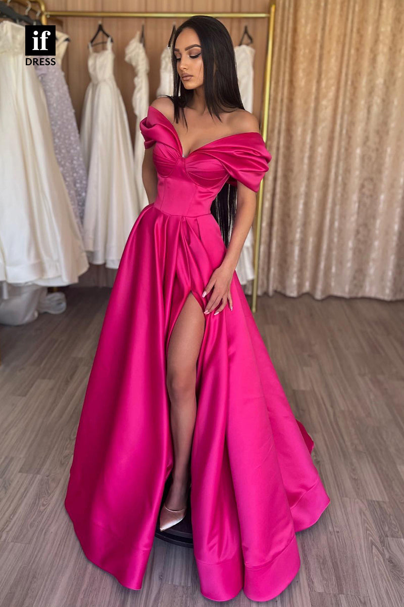 30883 - Unique Cap Sleeves High Split Pleated  Long Formal Evening Prom Dress