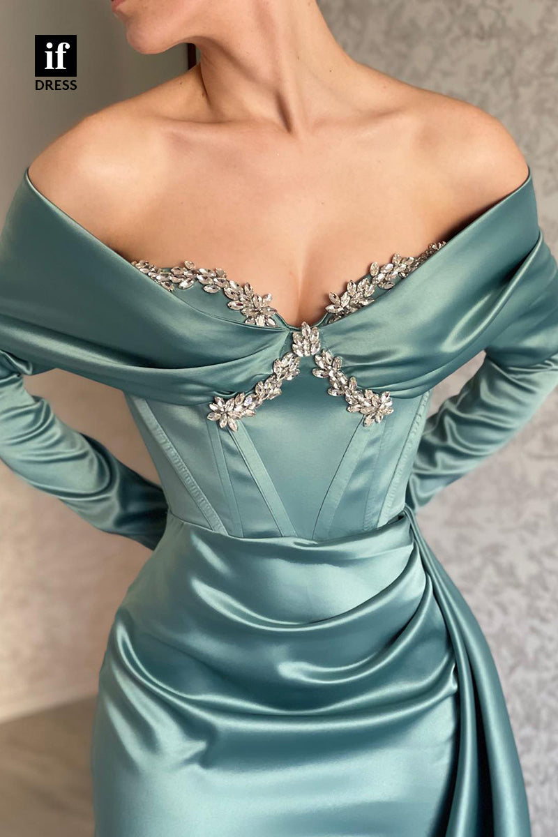 30930 - Off the Shoulder Pleats Long Sleeves Formal Evening Dress