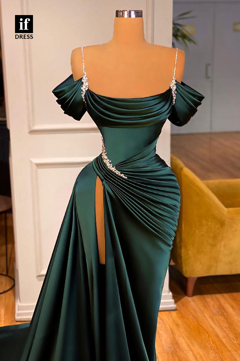 31800 - Gorgeous Spaghetti Straps Beads High Split Long Formal Evening Dress