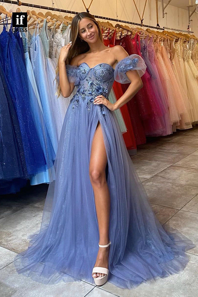 31841 - A-line Sweetheart 3D Appliques Long Prom Dress with Slit