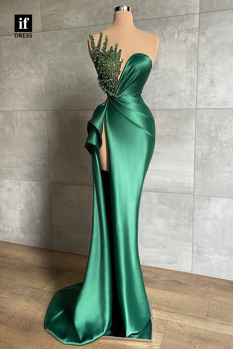 30913 - Striking Illusion Neck Beaded High Slit Pleats Sleeveless Long Prom Formal Evening Dress