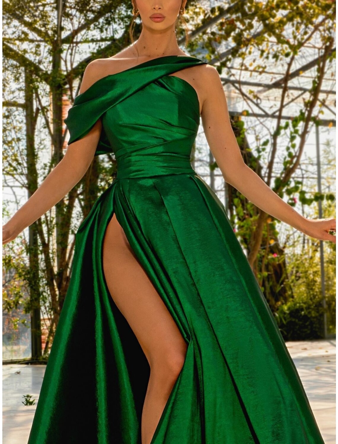 A-Line Evening Gown Elegant Dress Formal Sweep / Brush Train Christmas Red Green Dress Sleeveless One Shoulder Satin with Pleats Ruched Slit 2025