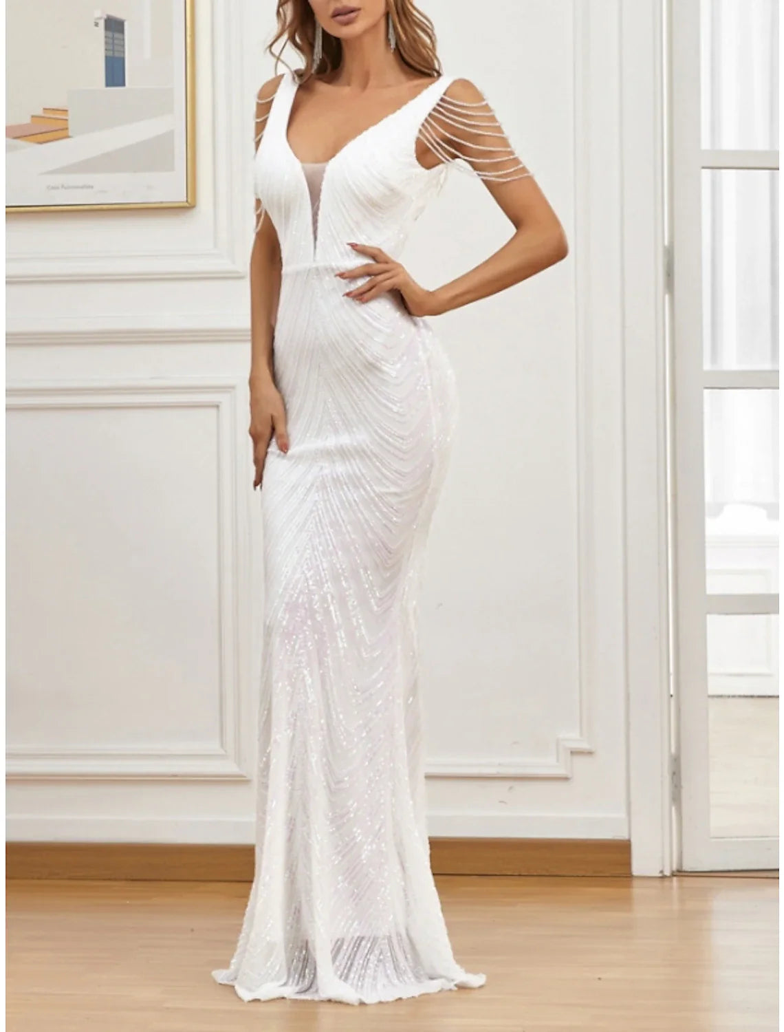 Mermaid / Trumpet Evening Gown Sparkle & Shine Dress Formal Wedding Guest Sweep / Brush Train Sleeveless V Neck Sequined with Glitter