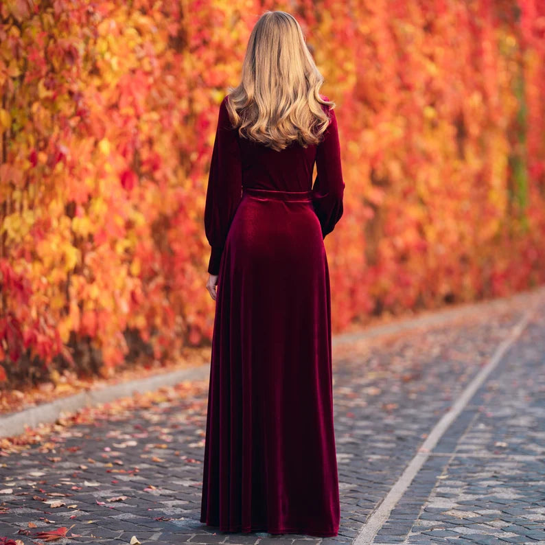 Aimishang Elegant Plum Burgundy Velvet Dress Ruched Long Sleeve Formal Dress