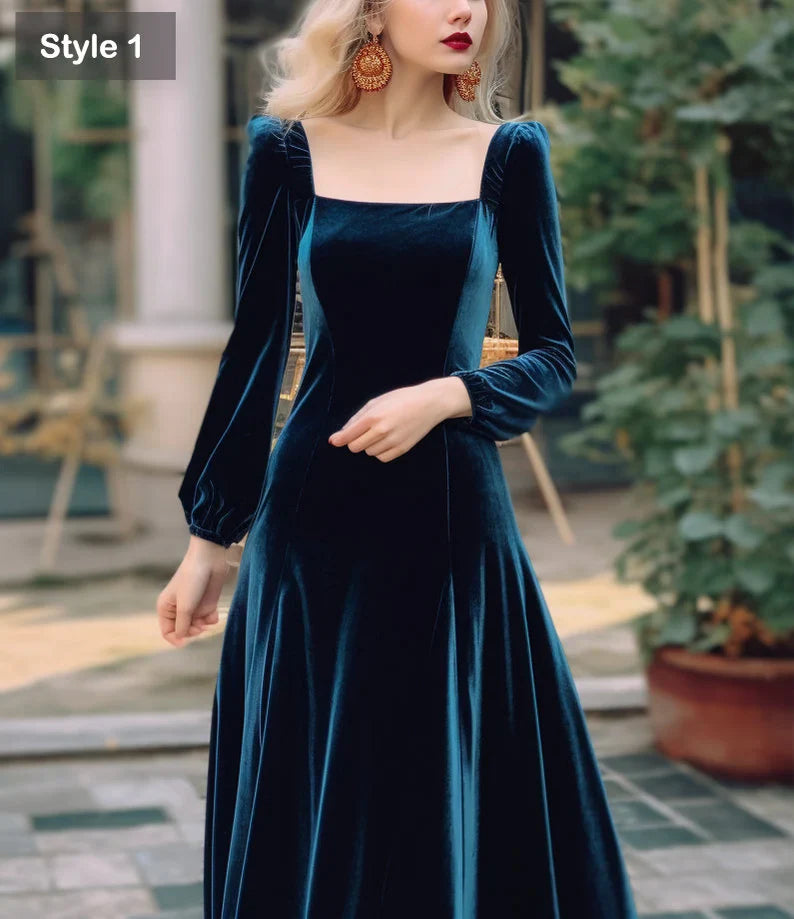 Aimishang Elegant Velvet Dress Ruched Long Sleeve Formal Dress for Wedding Guest Bridesmaid or Evening Dress