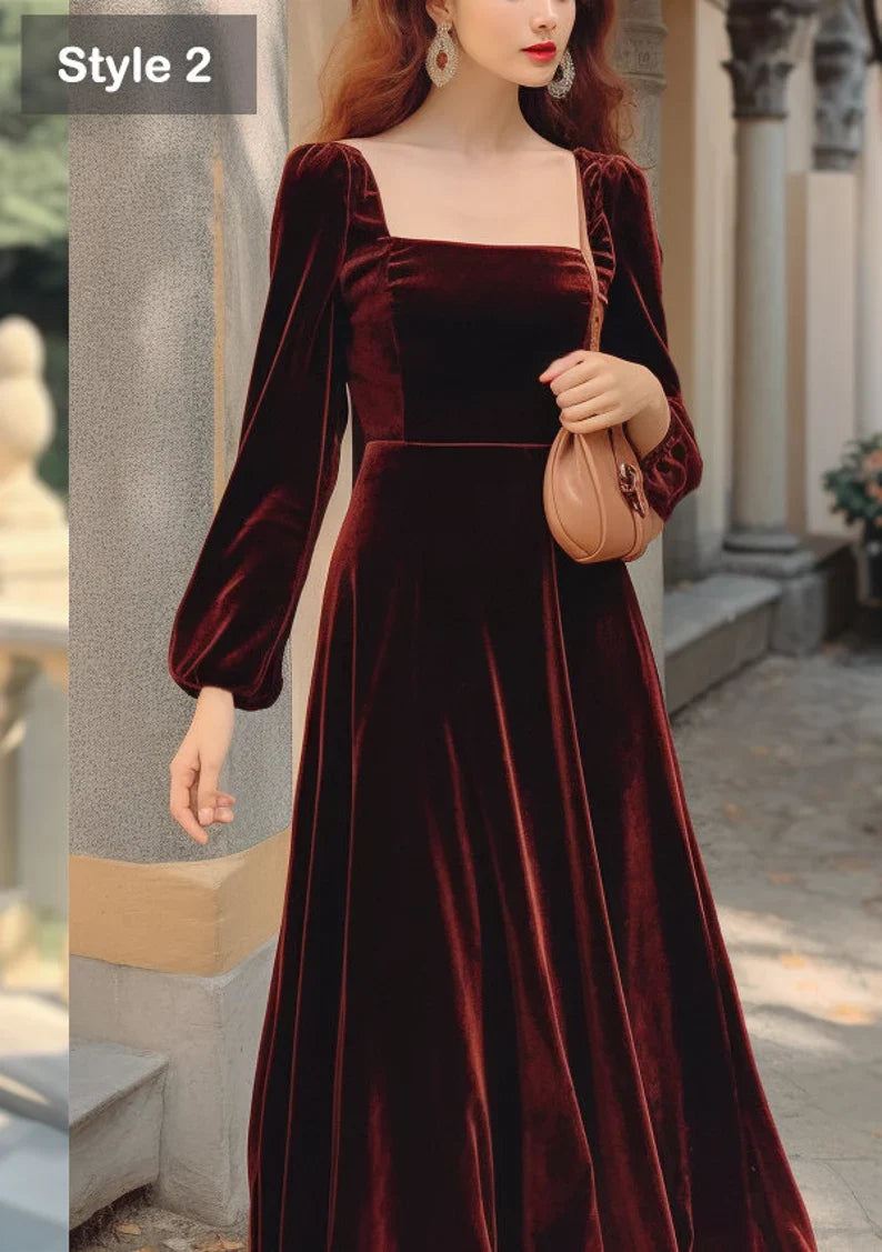 Aimishang Elegant Velvet Dress Ruched Long Sleeve Formal Dress for Wedding Guest Bridesmaid or Evening Dress