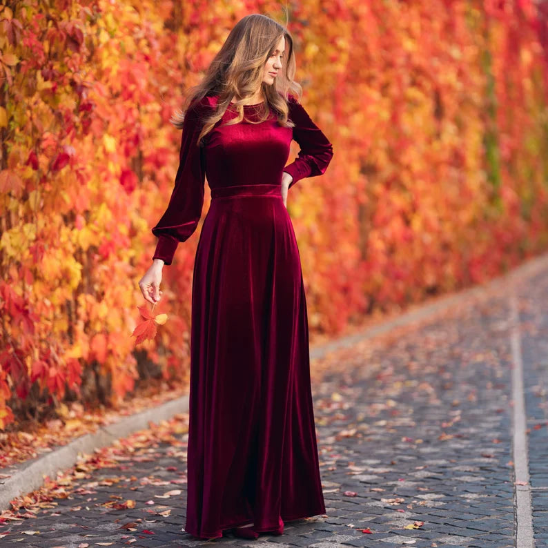 Aimishang Elegant Plum Burgundy Velvet Dress Ruched Long Sleeve Formal Dress