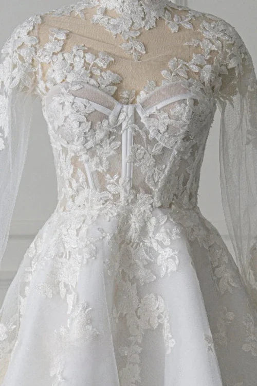 Aimishang Short White A-Line Illusion Neck Long Sleeves Lace Wedding Dresses