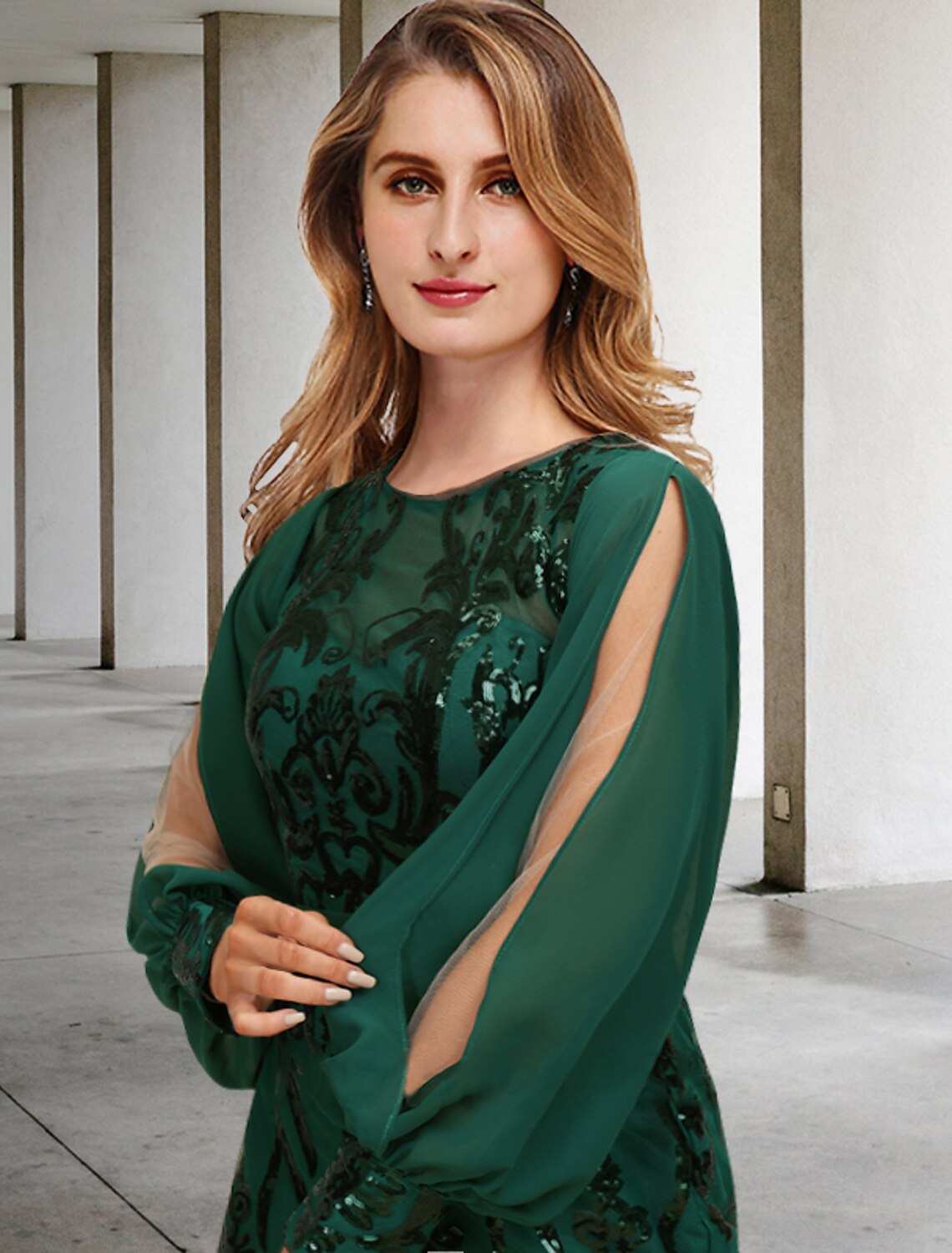 Aimishang  Mermaid / Trumpet Mother of the Bride Dresses Plus Size Hide Belly Curve Elegant Dress Formal Sweep / Brush Train Long Sleeve Jewel Neck Chiffon with Sequin