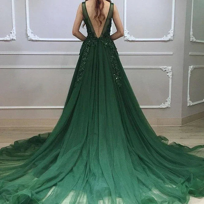 Dark Green Low Back Beaded Lace V-neckline Party Dress A-line Prom Dress Floor Length Wholesale