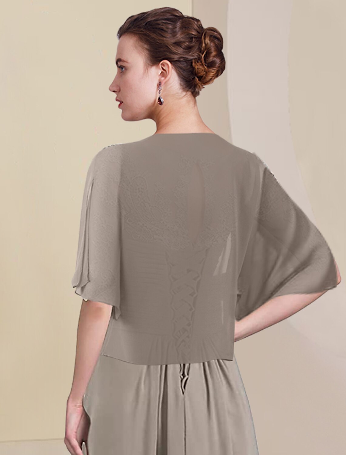 Aimishang Two Piece A-Line Mother of the Bride Dress Formal Wedding Guest Elegant High Low V Neck Asymmetrical Tea Length Chiffon Lace Half Sleeve Wrap Included with Ruched Appliques