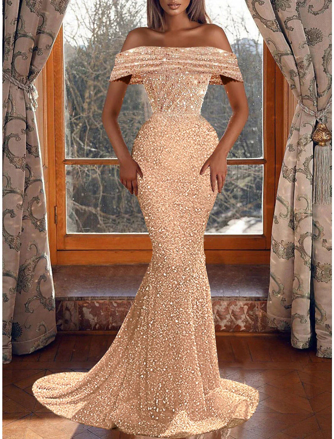 Aimishang Mermaid Party Dress Evening Gown Sparkle & Shine Dress Prom Birthday Asymmetrical Short Sleeve Off Shoulder Sequined with Sequin