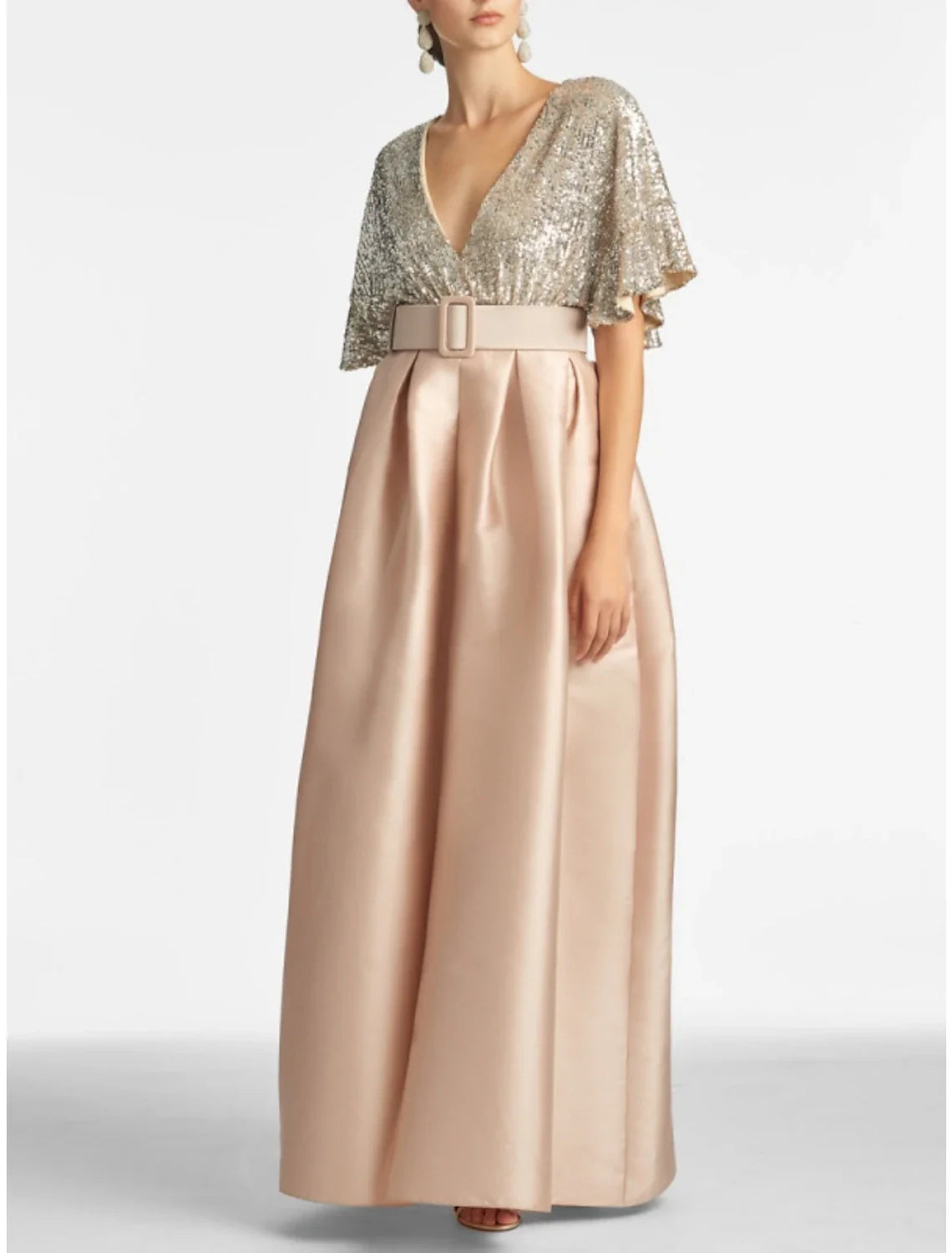A-Line Evening Gown Sparkle & Shine Dress Formal Wedding Guest Ankle Length Half Sleeve V Neck Satin with Glitter Pleats 2025