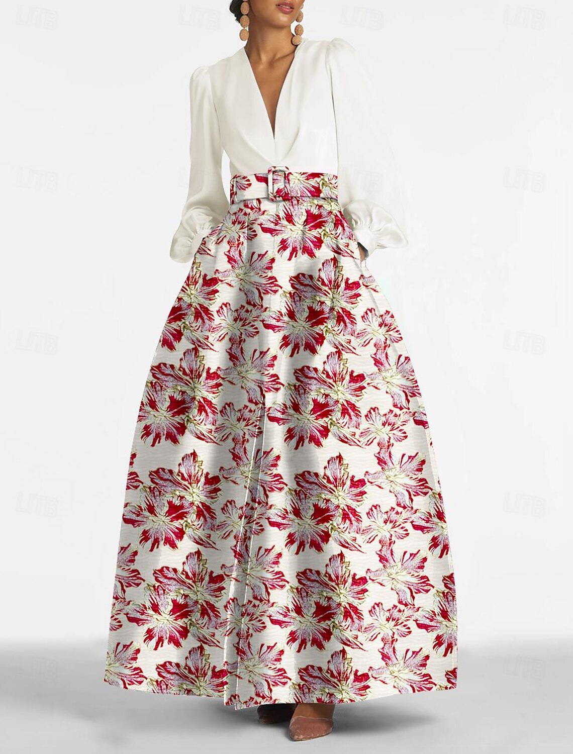 A-Line Floral with Print Evening Gown Elegant Metallic Dress Formal Prom Floor Length Long Sleeve V Neck Belt / Sash Nylon