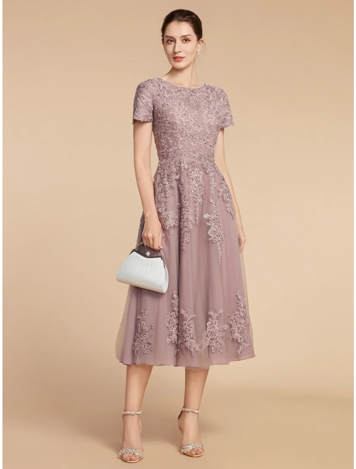 Aimishang  A-Line Mother of the Bride Dress Wedding Guest Elegant Petite Jewel Neck Tea Length Lace Tulle Short Sleeve with Ruching Flower