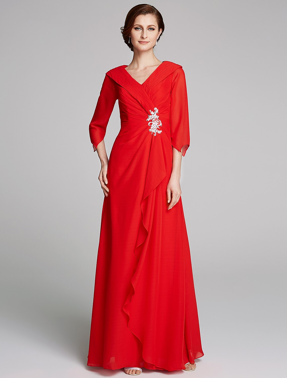 Aimishang A-Line Mother of the Bride Dress Elegant V Neck Floor Length Chiffon Half Sleeve with Pleats Appliques