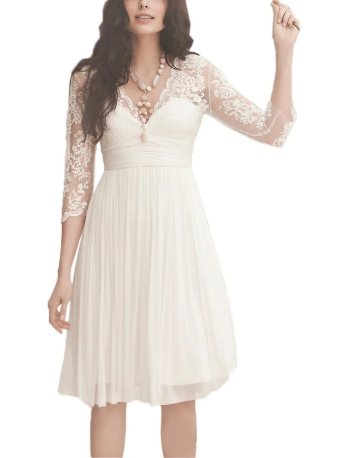 Reception Open Back Little White Dresses Wedding Dresses A-Line V Neck 3/4 Length Sleeve Knee Length Chiffon Bridal Gowns With Ruched