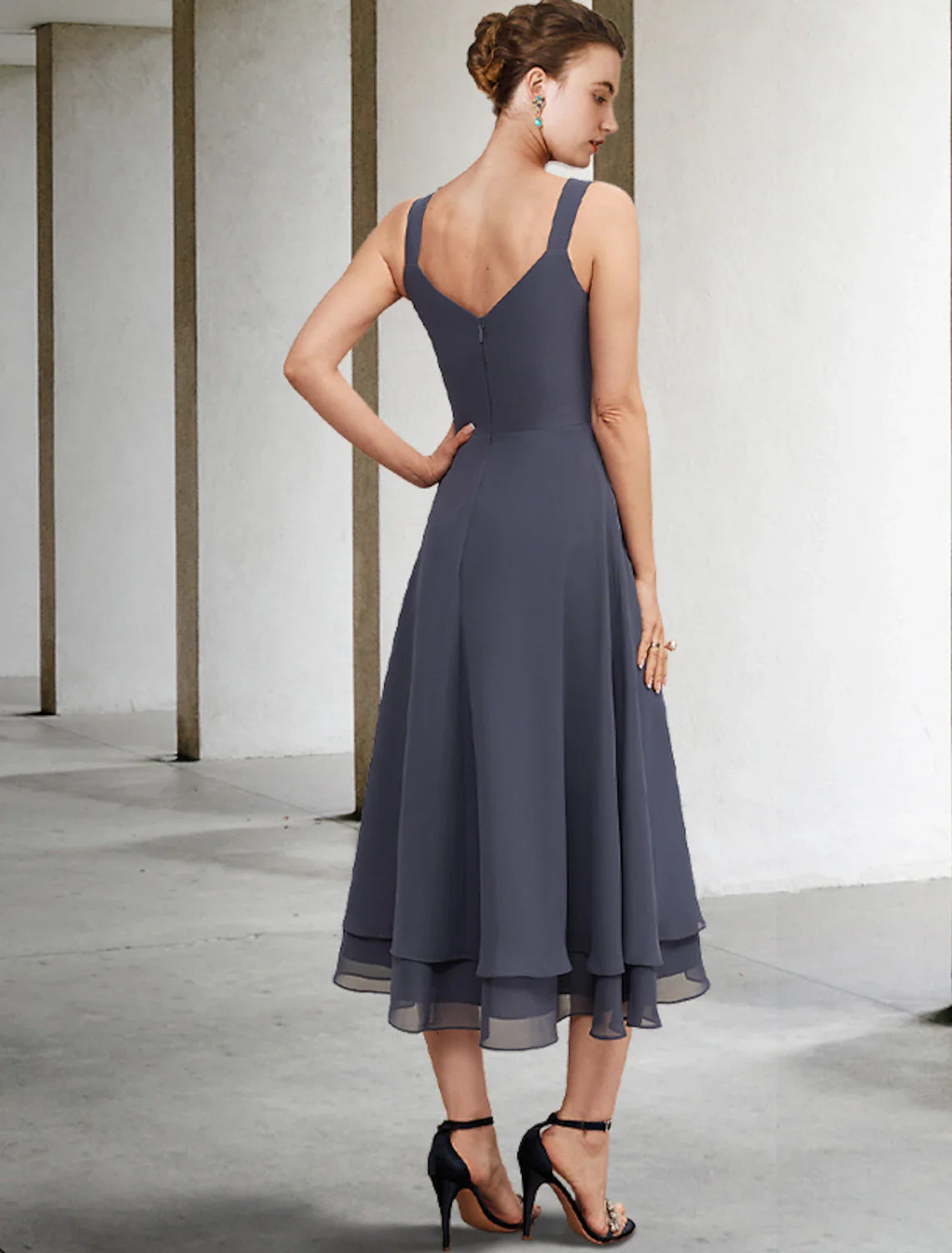 Aimishang  A-Line Mother of the Bride Dress Elegant V Neck Tea Length Chiffon Lace Sleeveless Jacket Dresses with Tier Solid Color