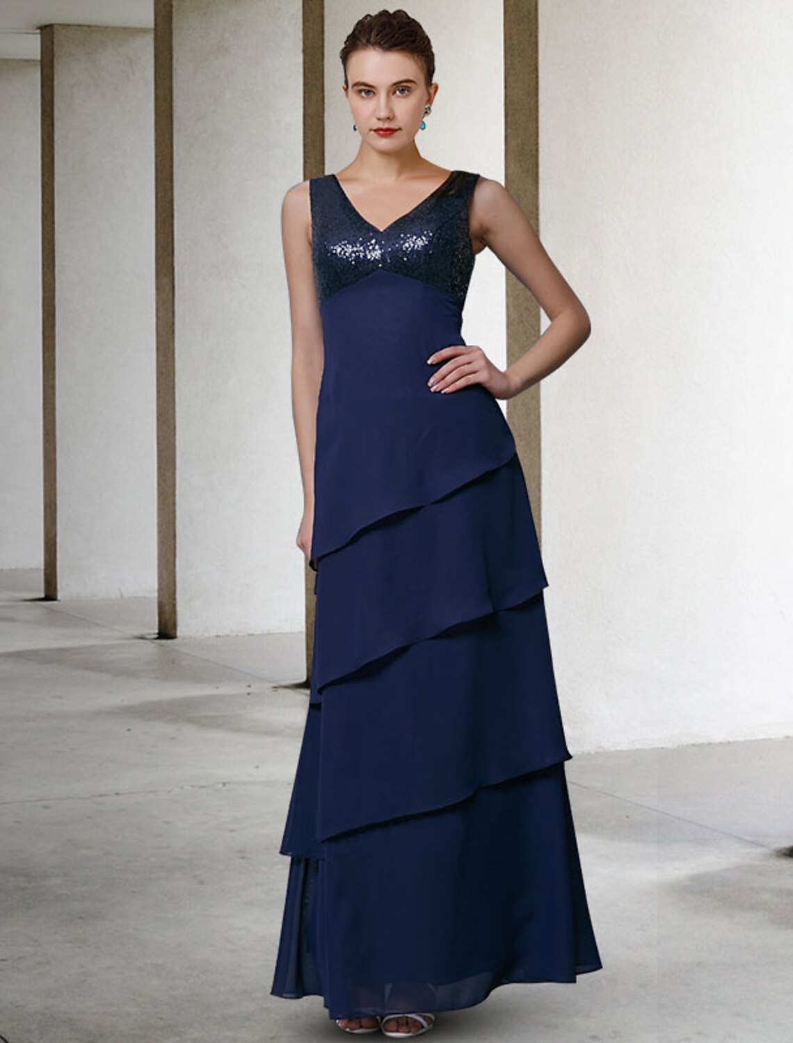 Aimishang A-Line Mother of the Bride Dress Elegant V Neck Floor Length Chiffon Sequined Sleeveless Wrap Included with Sequin Ruffles