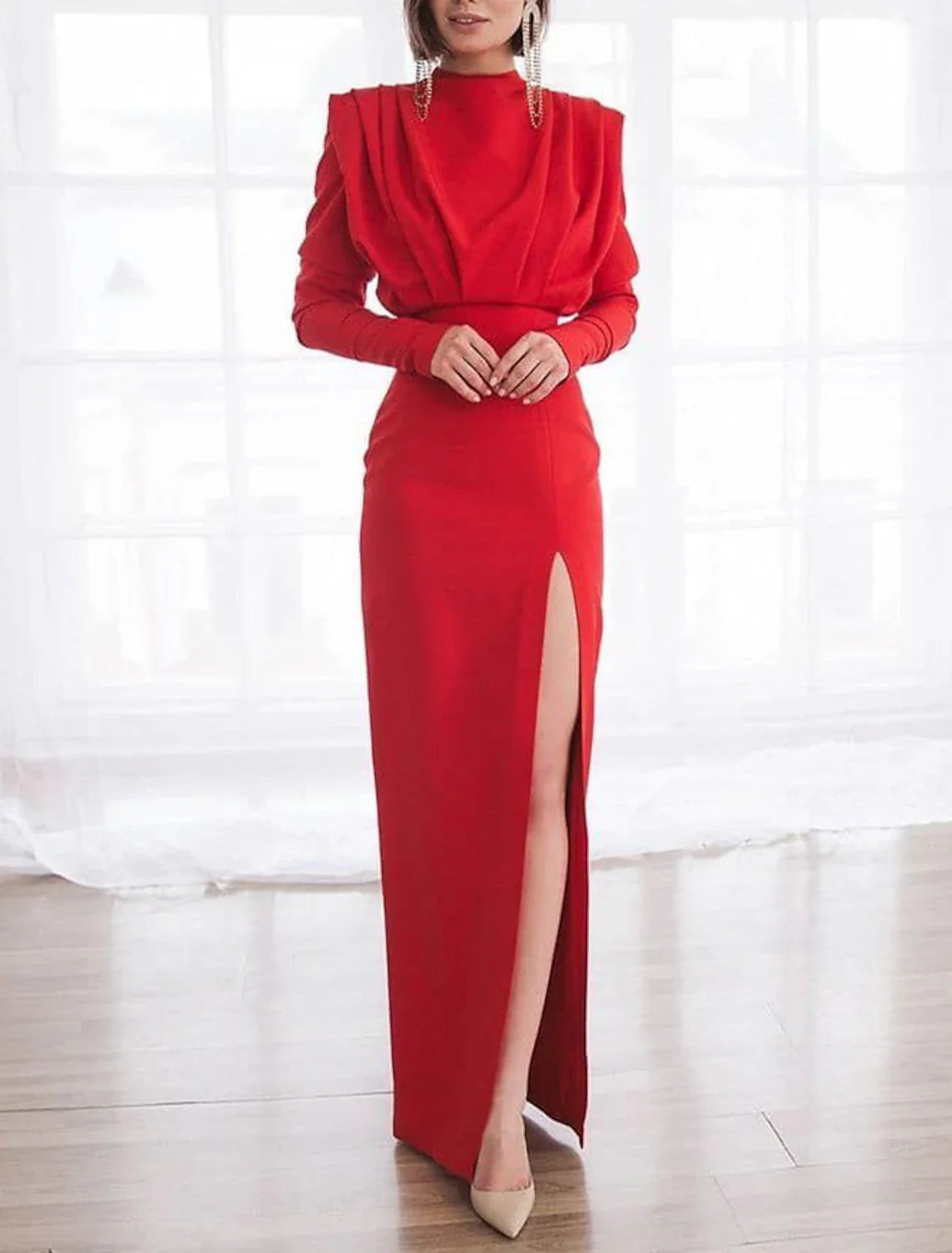 Sheath Evening Gown Elegant Dress Formal Red Green Dress Floor Length Long Sleeve High Neck Stretch Fabric with Ruched Slit