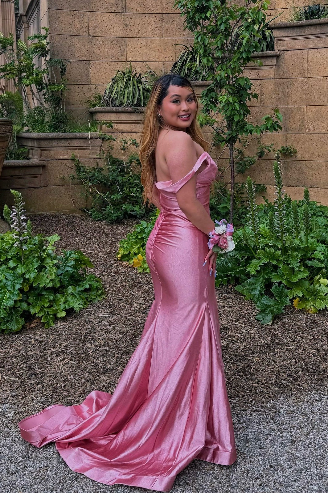 Pink V-Neck Elastic Satin Long Mermaid Prom Dresses