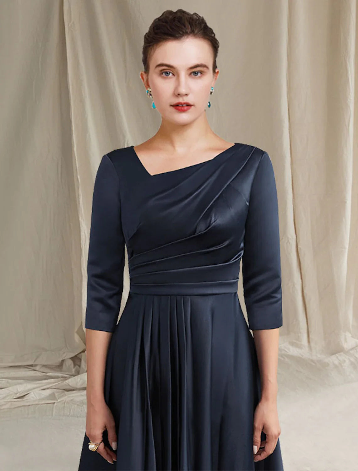 A-Line Mother of the Bride Dress Elegant Bateau Neck V Neck Tea Length Satin Half Sleeve with Pleats Ruched