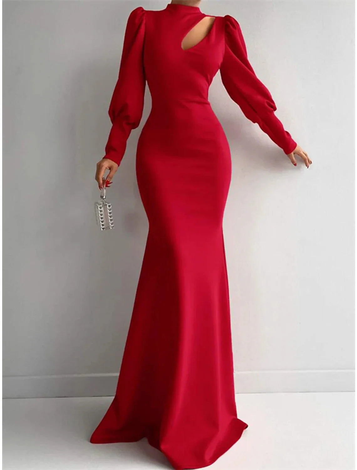 Mermaid Evening Gown Elegant Dress Formal Red Green Dress Sweep / Brush Train Long Sleeve High Neck Satin with Ruched