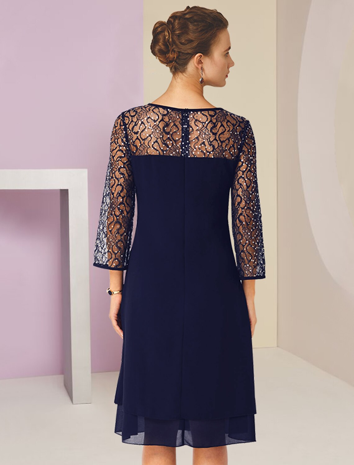 Aimishang A-Line Mother of the Bride Dress Formal Wedding Guest Elegant Scoop Neck Knee Length Lace 3/4 Length Sleeve with Sequin