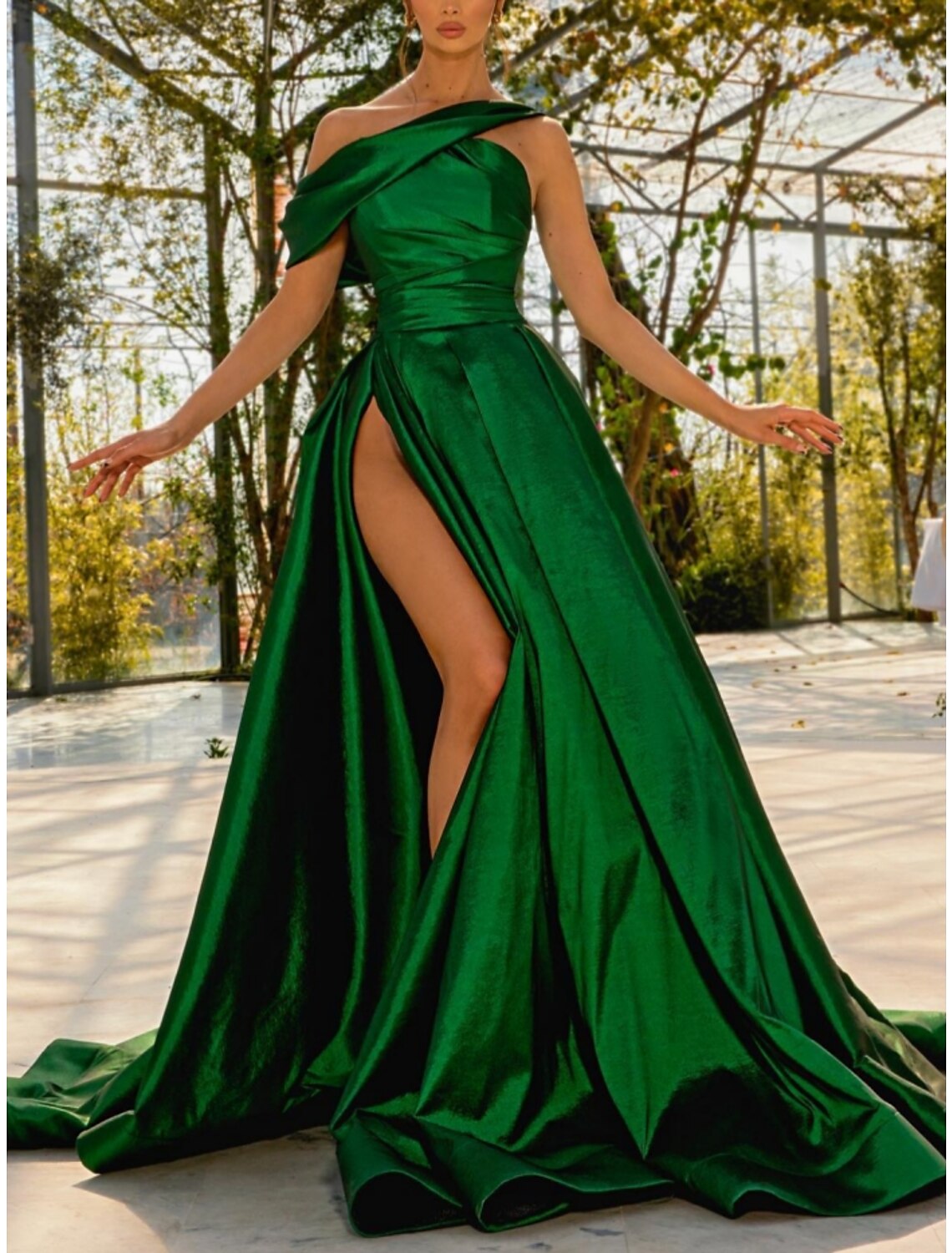 A-Line Evening Gown Elegant Dress Formal Sweep / Brush Train Christmas Red Green Dress Sleeveless One Shoulder Satin with Pleats Ruched Slit 2025