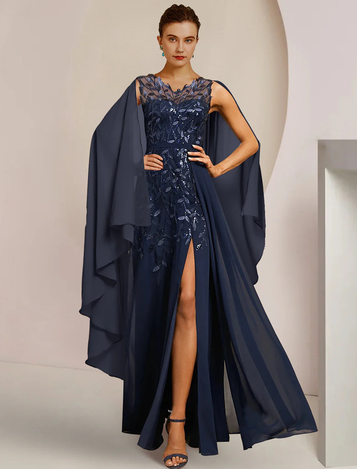 Aimishang  A-Line Mother of the Bride Dress Formal Wedding Guest Elegant V Neck Floor Length Chiffon Sequined Sleeveless with Appliques Split Front