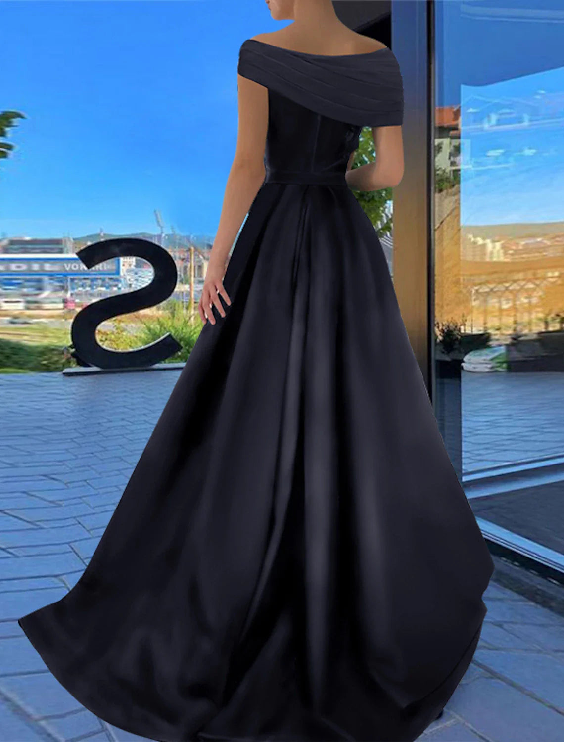 Aimishang A-Line Prom Dresses Black Dress Formal Wedding Party Floor Length Short Sleeve Off Shoulder Satin with Ruched Slit