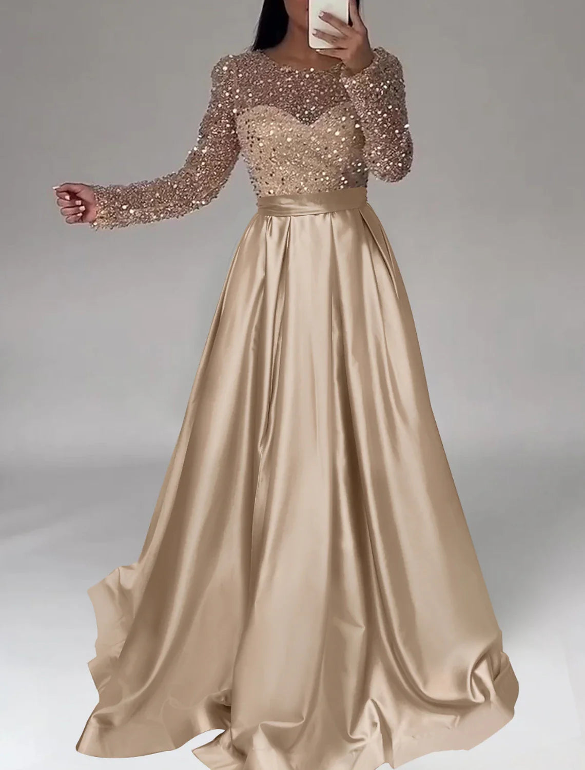 A-Line Evening Gown Sparkle Dress Wedding Black Tie Floor Length Long Sleeve Jewel Neck Satin with Sequin 2025