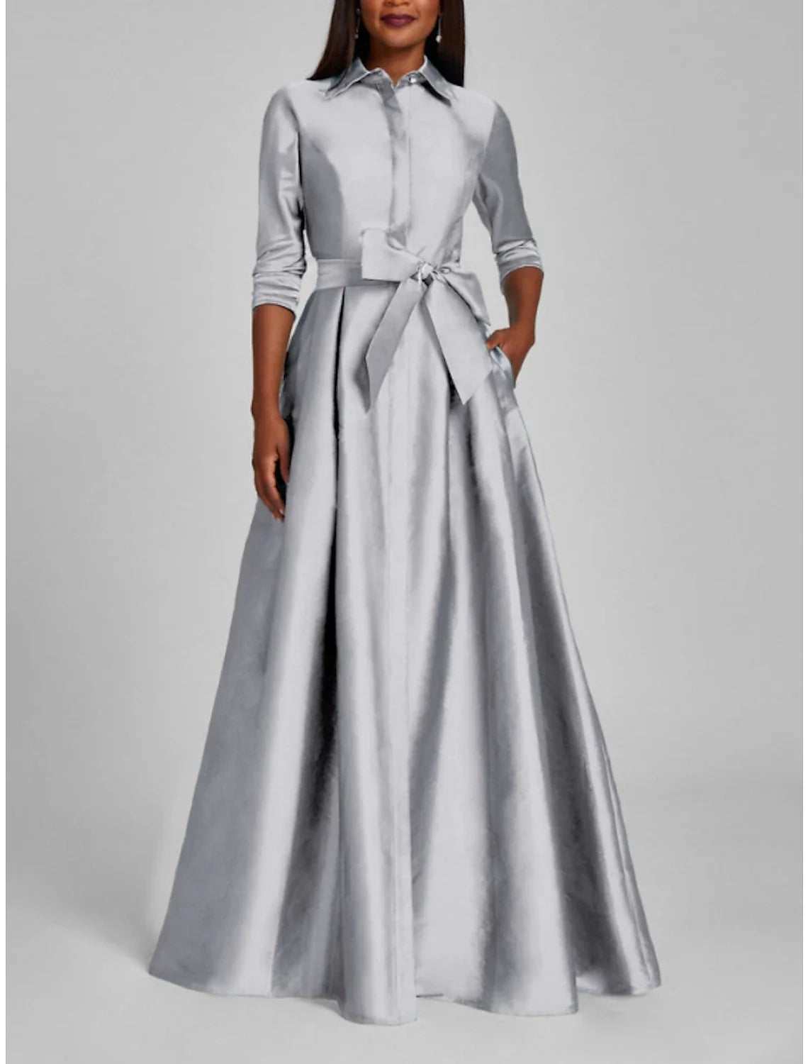 Satin A-Line Evening Gown Champagne Gold Minimalist Black Christmas Red Green Dress Dress Formal Fall Floor Length Half Sleeve Shirt Collar with Bow(s) Pleats 2025