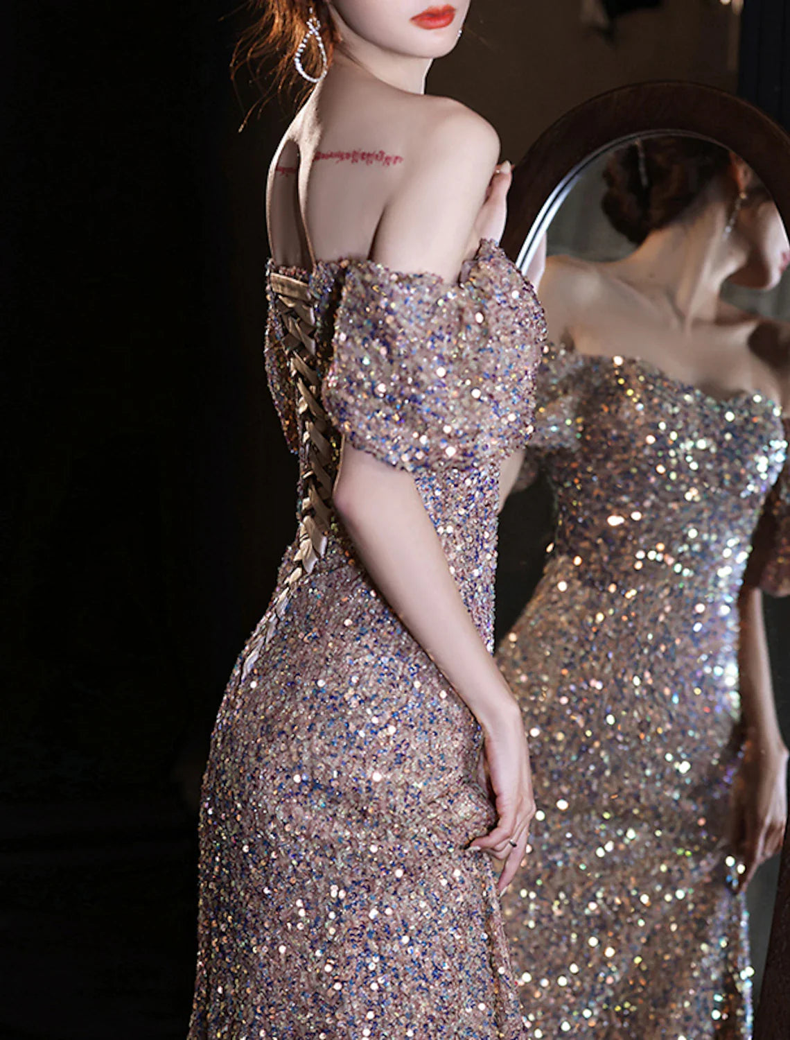 Mermaid / Trumpet Prom Dresses Elegant Dress Wedding Guest Prom Floor Length Short Sleeve Sweetheart Lace with Sequin