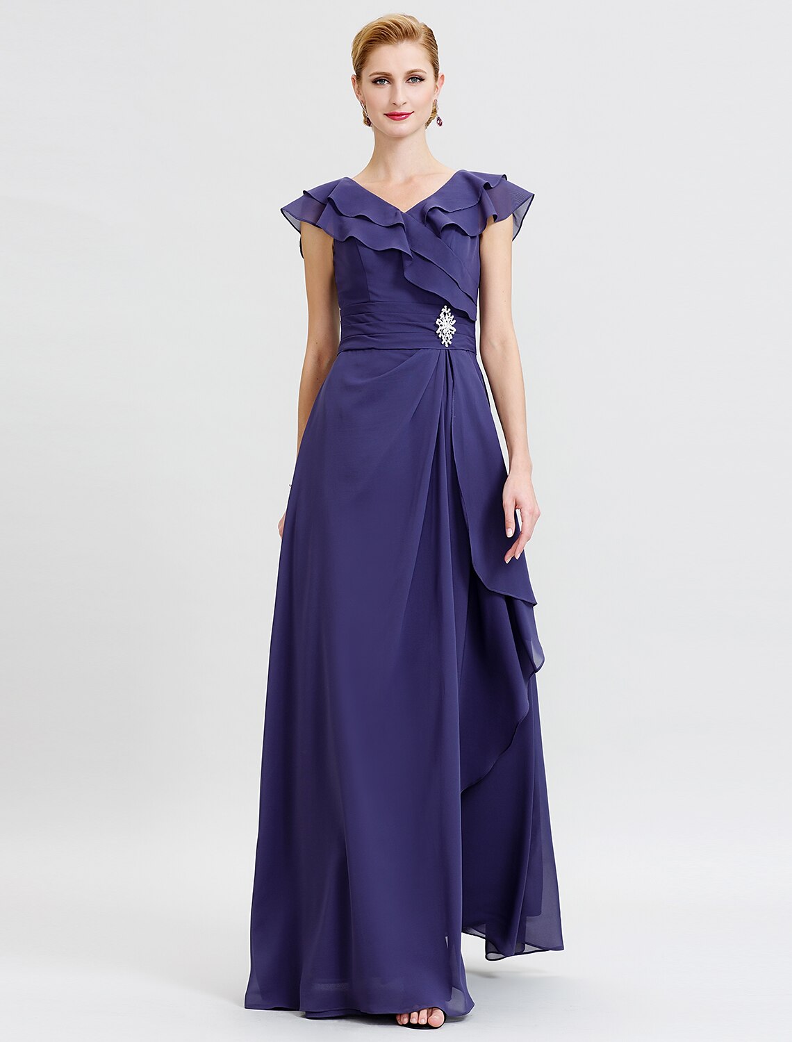Aimishang A-Line Mother of the Bride Dress Formal Open Back Elegant V Neck Floor Length Chiffon Short Sleeve No with Sash / Ribbon Crystal Brooch