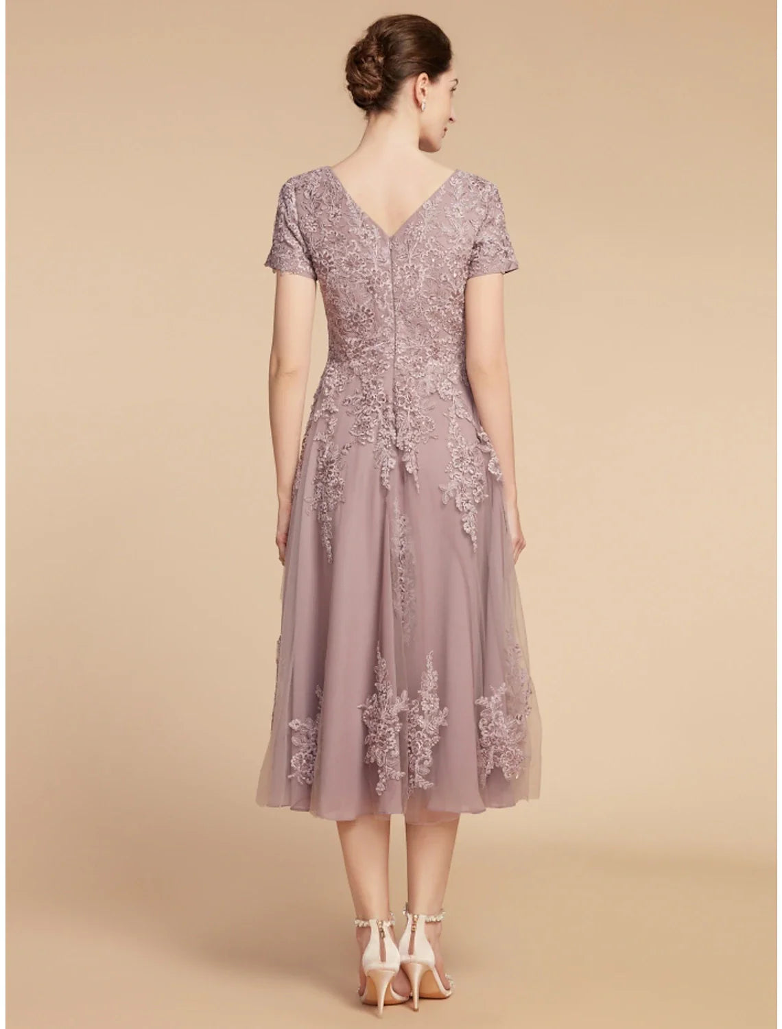 Aimishang  A-Line Mother of the Bride Dress Wedding Guest Elegant Petite Jewel Neck Tea Length Lace Tulle Short Sleeve with Ruching Flower