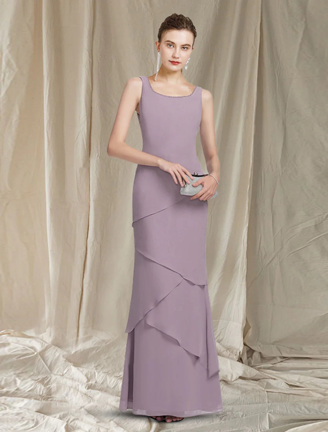 Aimishang  Two Piece Sheath / Column Mother of the Bride Dress Elegant Scoop Neck Floor Length Chiffon Sleeveless Wrap Included with Beading Cascading Ruffles