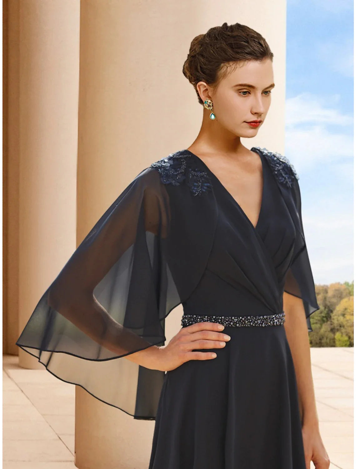 Aimishang  A-Line Mother of the Bride Dress Wedding Guest Elegant Petite V Neck Tea Length Chiffon Half Sleeve with Sequin Ruching
